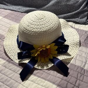 Kids White Sun Hat with Blue Ribbon and Sunflower